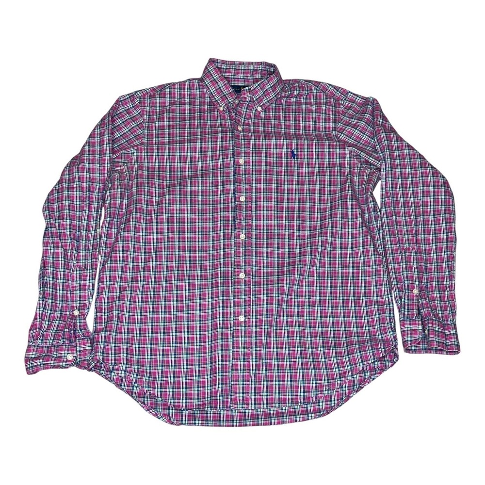 Ralph Lauren Mens (L) Pink Blue Plaid Button Down Shirt 100% Cotton Long Sleeve